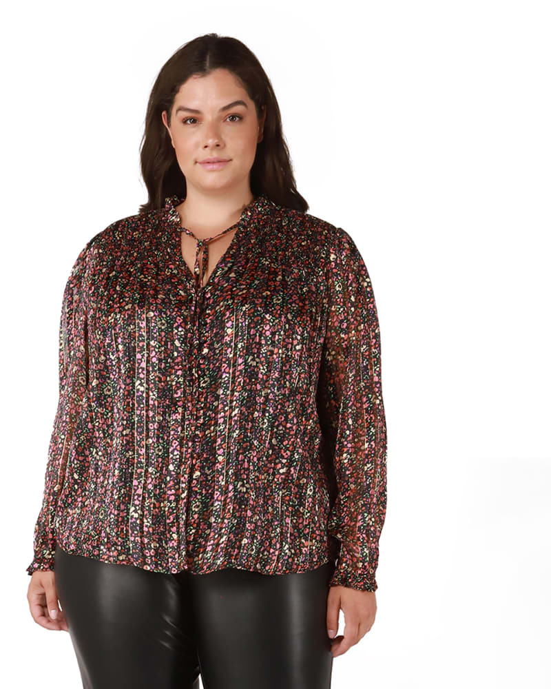 Front of a model wearing a size 0X Stormi Smocked Yoke Blouse in Red / Black by DEX PLUS. | dia_product_style_image_id:235437